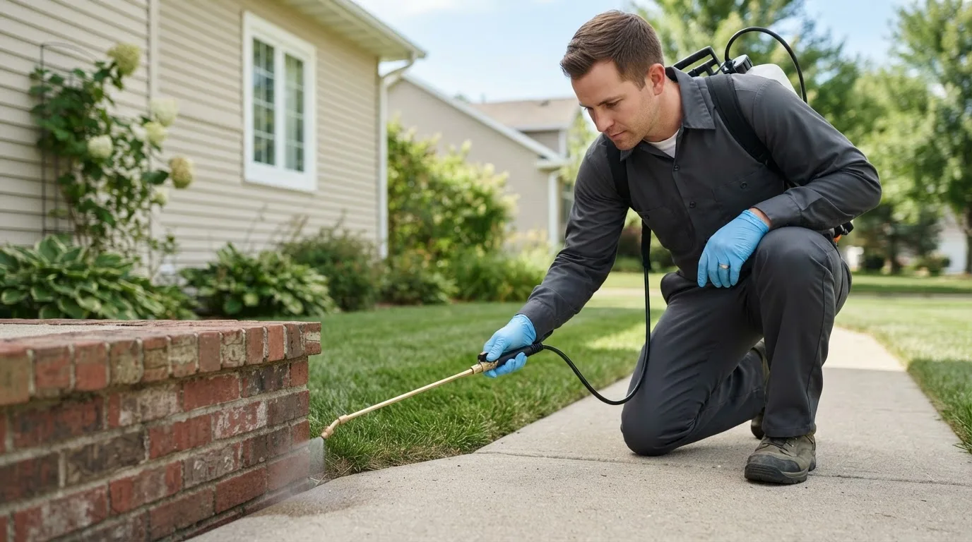 Pest control technician treating a home near Irwinton, GA